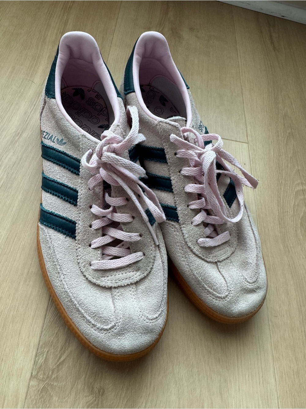 adidas Women’s Suede Athletic Shoes in Light Pink with Dark Green Stripes